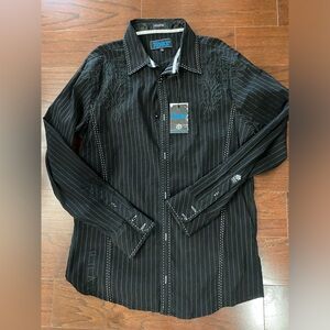 NWT ROAR Mens Embroidered Black Stripes Large Button Shirt Western Goth Buckle